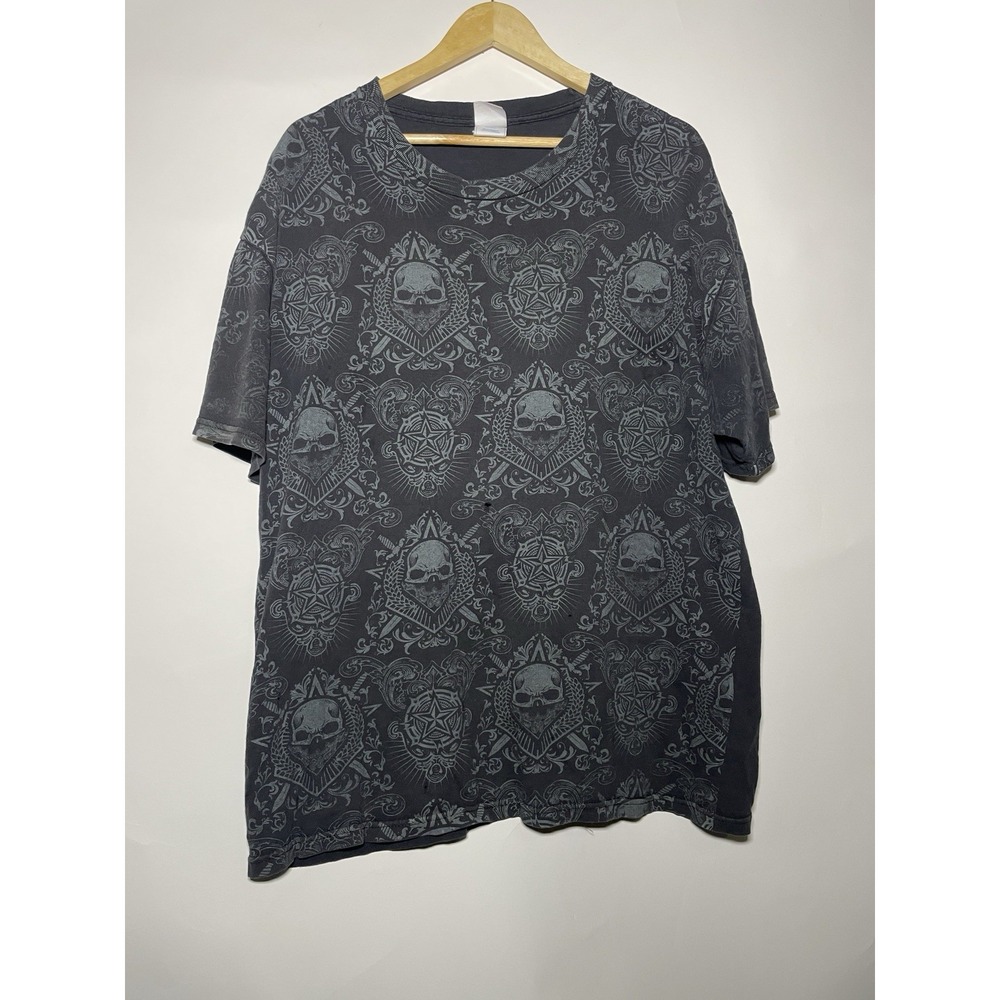 Y2K Skulls Tee Shirt Size‎ XL Black Skater Grunge Cyber Crosses Chrome